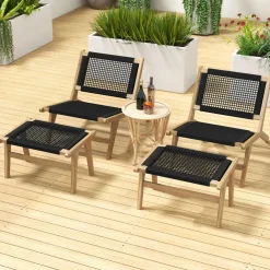 Tangkula Teak Ottoman Footstool, Natural Teak Wood Foot Rest with Handwoven Cordage