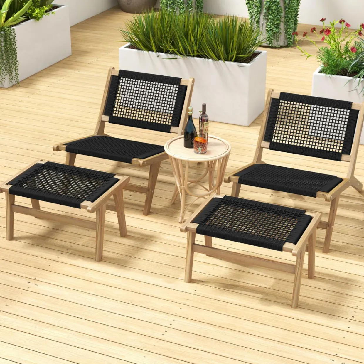 Tangkula Teak Ottoman Footstool, Natural Teak Wood Foot Rest with Handwoven Cordage