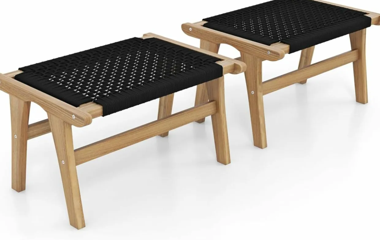 Tangkula Teak Ottoman Footstool, Natural Teak Wood Foot Rest with Handwoven Cordage