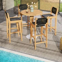 Tangkula Teak Wood Bar Chair, 30” Rattan Bar Stool with Backrest & Footrest
