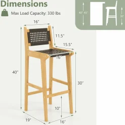 Tangkula Teak Wood Bar Chair, 30” Rattan Bar Stool with Backrest & Footrest