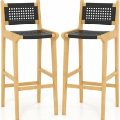Tangkula Teak Wood Bar Chair, 30” Rattan Bar Stool with Backrest & Footrest