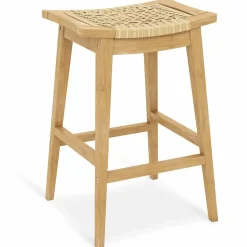 Tangkula Teak Wood Bar Stool, 29” Patio Rattan Barstool with Footrest & Saddle Seat