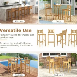 Tangkula Teak Wood Bar Stool, 30” Bar Chair with Footrest & Backrest