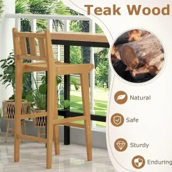 Tangkula Teak Wood Bar Stool, 30” Bar Chair with Footrest & Backrest