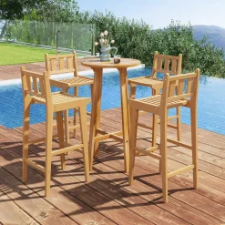 Tangkula Teak Wood Bar Stool, 30” Bar Chair with Footrest & Backrest