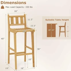 Tangkula Teak Wood Bar Stool, 30” Bar Chair with Footrest & Backrest