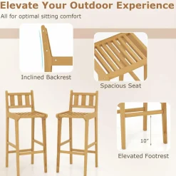 Tangkula Teak Wood Bar Stool, 30” Bar Chair with Footrest & Backrest