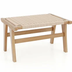 Tangkula Teak Wood Ottoman Footstool, Natural Teak Wooden Foot Rest with Braided Rope for Living Room Bedroom Office, 14" H, Indoor