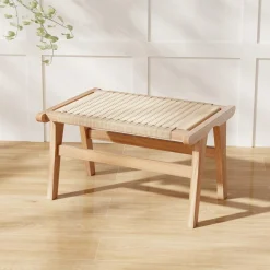 Tangkula Teak Wood Ottoman Footstool, Natural Teak Wooden Foot Rest with Braided Rope for Living Room Bedroom Office, 14" H, Indoor