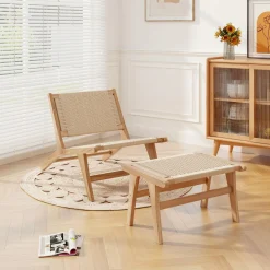 Tangkula Teak Wood Ottoman Footstool, Natural Teak Wooden Foot Rest with Braided Rope for Living Room Bedroom Office, 14