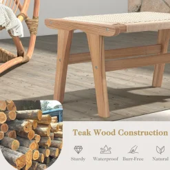 Tangkula Teak Wood Ottoman Footstool, Natural Teak Wooden Foot Rest with Braided Rope for Living Room Bedroom Office, 14