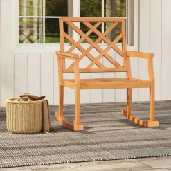 Tangkula Teak Wood Rocking Chair, Oversized Porch Rocker with Backrest and Slatted Seat (1/2, 32 x 28 x 35 Inch)