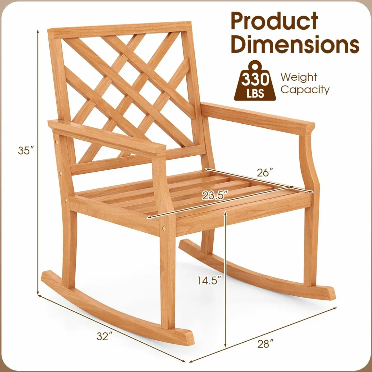 Tangkula Teak Wood Rocking Chair, Oversized Porch Rocker with Backrest and Slatted Seat (1/2, 32 x 28 x 35 Inch)