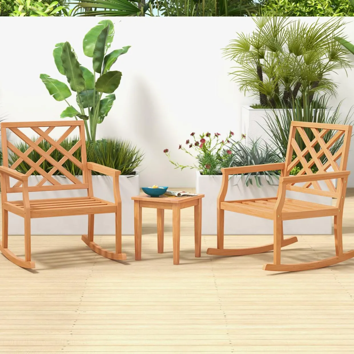 Tangkula Teak Wood Rocking Chair, Oversized Porch Rocker with Backrest and Slatted Seat (1/2, 32 x 28 x 35 Inch)
