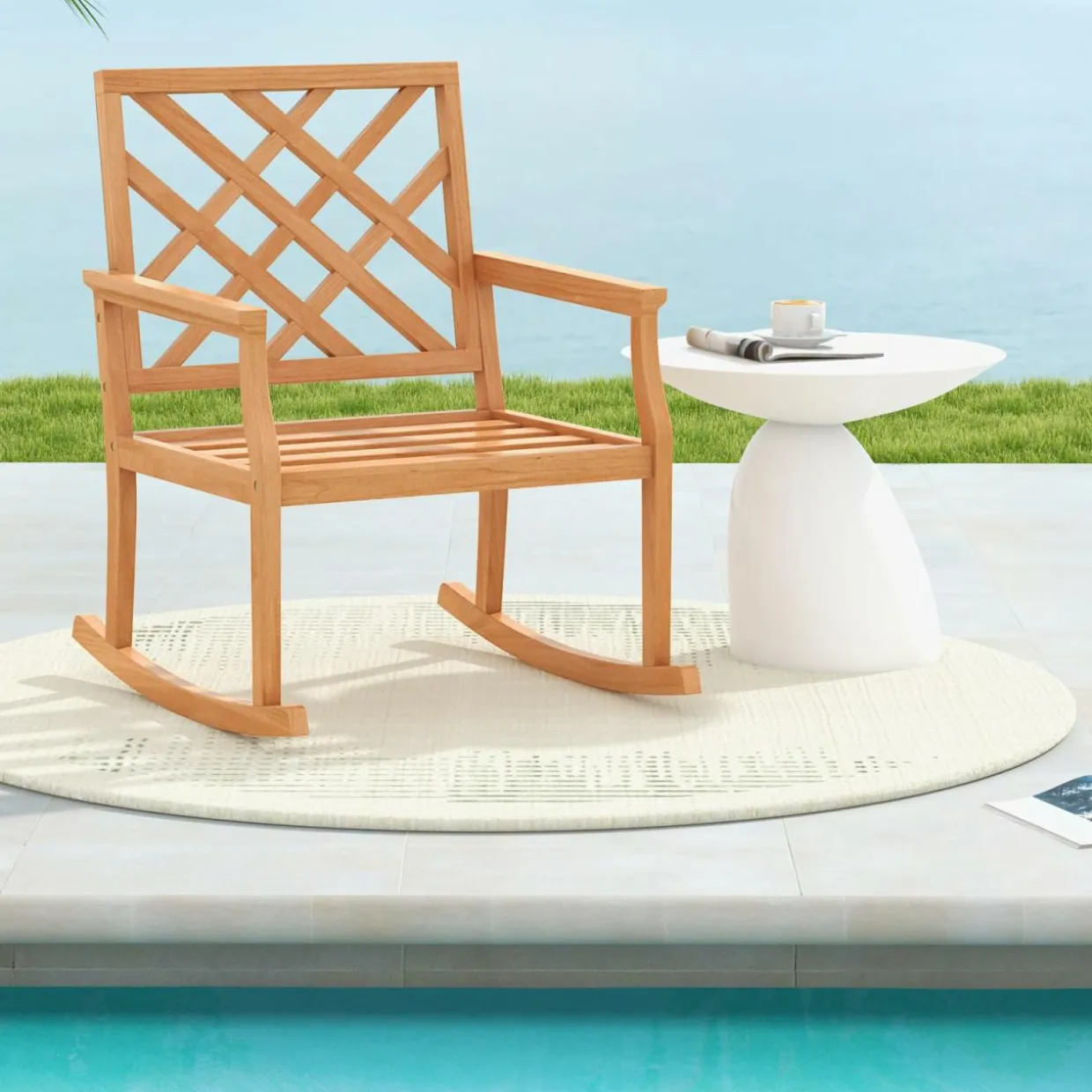 Tangkula Teak Wood Rocking Chair, Oversized Porch Rocker with Backrest and Slatted Seat (1/2, 32 x 28 x 35 Inch)
