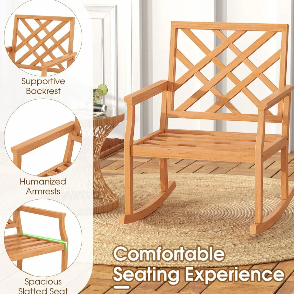 Tangkula Teak Wood Rocking Chair, Oversized Porch Rocker with Backrest and Slatted Seat (1/2, 32 x 28 x 35 Inch)