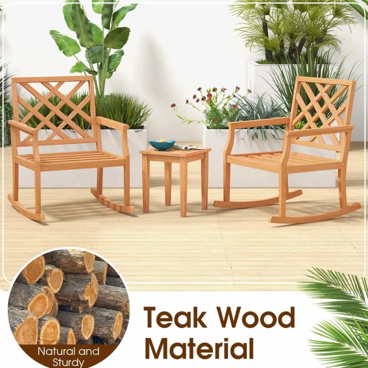 Tangkula Teak Wood Rocking Chair, Oversized Porch Rocker with Backrest and Slatted Seat (1/2, 32 x 28 x 35 Inch)
