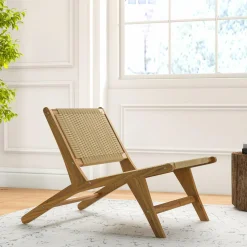Tangkula Teak Wooden Chair, Mid Century Modern Accent Chair with Braided Rope Seat & Backrest