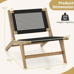 Tangkula Teak Wooden Chair, Mid Century Modern Accent Chair with Handwoven Cordage Seat & Backrest