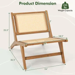 Tangkula Teak Wooden Chair, Mid Century Modern Accent Chair with Handwoven Rattan Seat & Backrest for Living Room Bedroom Office Indoor