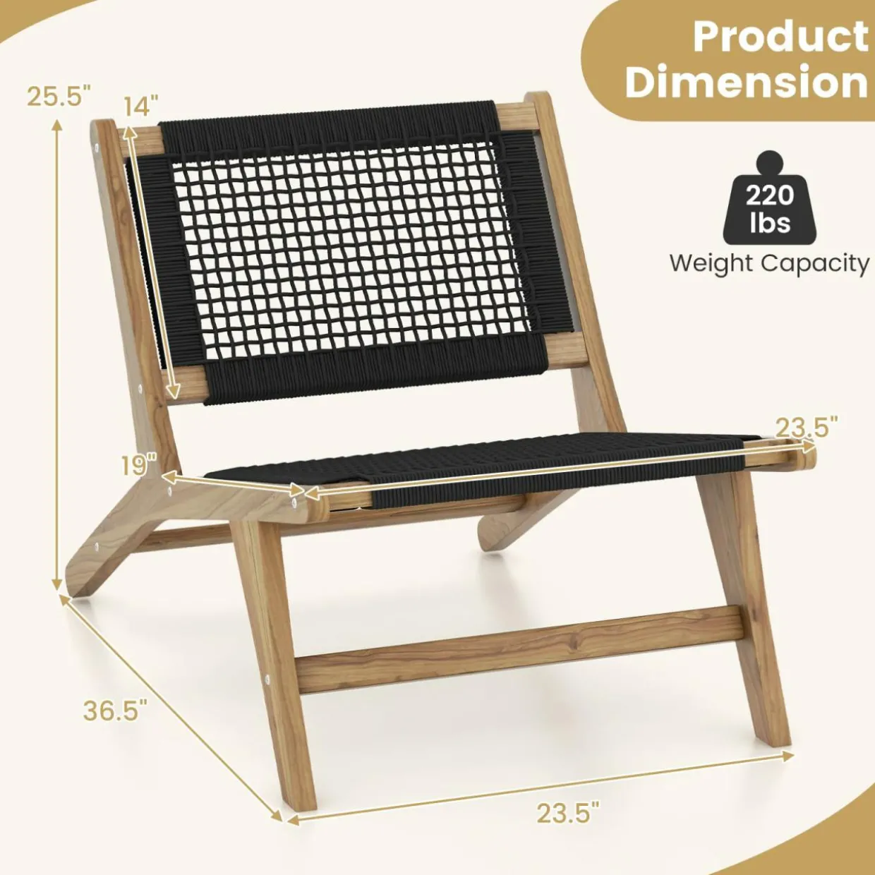 Tangkula Teak Wooden Chair, Mid Century Modern Accent Chair with Handwoven Cordage Seat & Backrest