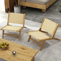 Tangkula Teak Wooden Chair, Mid Century Modern Accent Chair with Braided Rope Seat & Backrest
