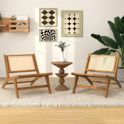 Tangkula Teak Wooden Chair, Mid Century Modern Accent Chair with Handwoven Rattan Seat & Backrest for Living Room Bedroom Office Indoor