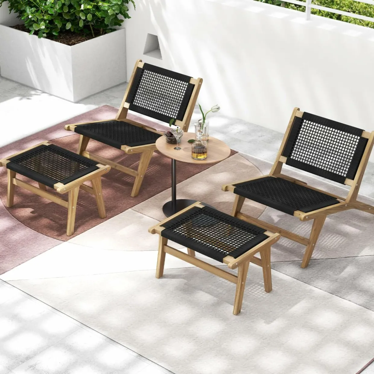 Tangkula Teak Wooden Chair, Mid Century Modern Accent Chair with Handwoven Cordage Seat & Backrest
