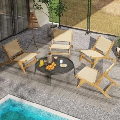 Tangkula Teak Wooden Chair, Mid Century Modern Accent Chair with Braided Rope Seat & Backrest