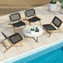 Tangkula Teak Wooden Chair, Mid Century Modern Accent Chair with Handwoven Cordage Seat & Backrest