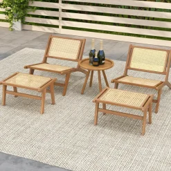 Tangkula Teak Wooden Chair, Mid Century Modern Accent Chair with Handwoven Rattan Seat & Backrest for Living Room Bedroom Office Indoor