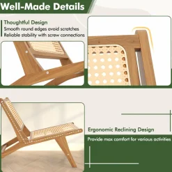 Tangkula Teak Wooden Chair, Mid Century Modern Accent Chair with Handwoven Rattan Seat & Backrest for Living Room Bedroom Office Indoor