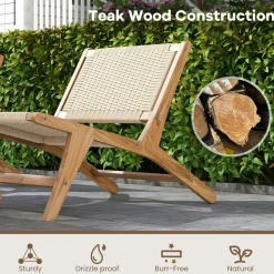Tangkula Teak Wooden Chair, Mid Century Modern Accent Chair with Braided Rope Seat & Backrest