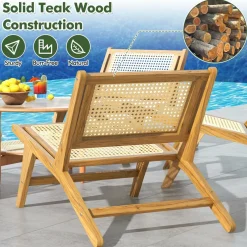 Tangkula Teak Wooden Chair, Mid Century Modern Accent Chair with Handwoven Rattan Seat & Backrest for Living Room Bedroom Office Indoor
