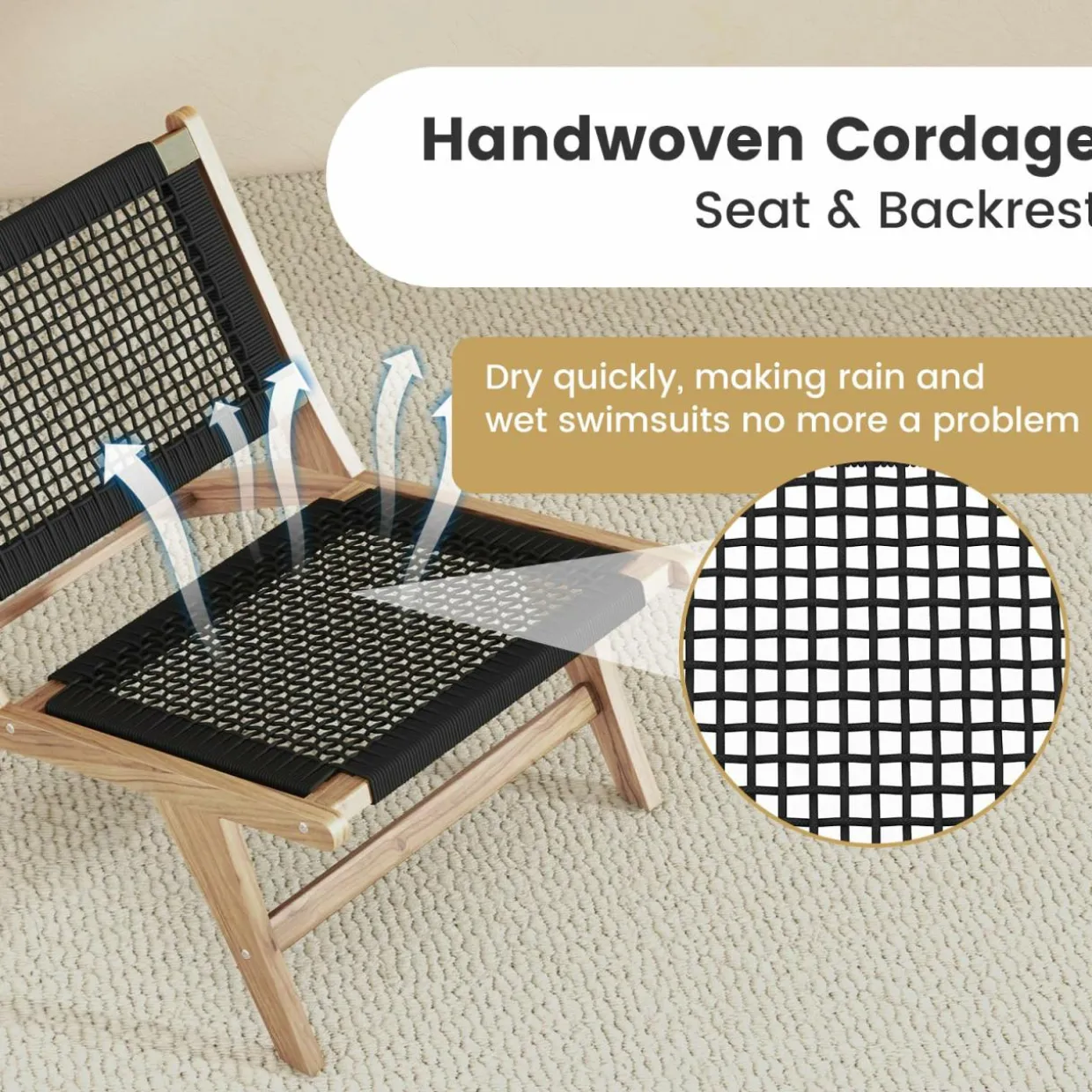 Tangkula Teak Wooden Chair, Mid Century Modern Accent Chair with Handwoven Cordage Seat & Backrest