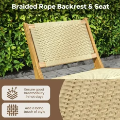 Tangkula Teak Wooden Chair, Mid Century Modern Accent Chair with Braided Rope Seat & Backrest