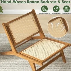 Tangkula Teak Wooden Chair, Mid Century Modern Accent Chair with Handwoven Rattan Seat & Backrest for Living Room Bedroom Office Indoor