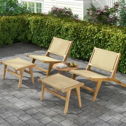 Tangkula Teak Wooden Chair, Mid Century Modern Accent Chair with Braided Rope Seat & Backrest
