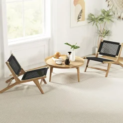 Tangkula Teak Wooden Chair, Mid Century Modern Accent Chair with Handwoven Cordage Seat & Backrest