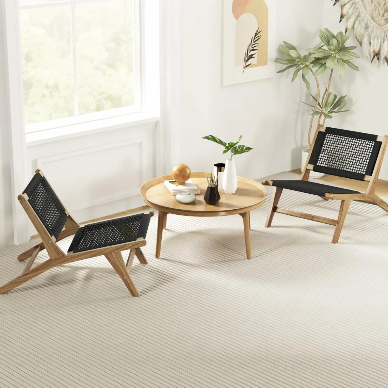 Tangkula Teak Wooden Chair, Mid Century Modern Accent Chair with Handwoven Cordage Seat & Backrest