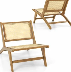 Tangkula Teak Wooden Chair, Mid Century Modern Accent Chair with Handwoven Rattan Seat & Backrest for Living Room Bedroom Office Indoor