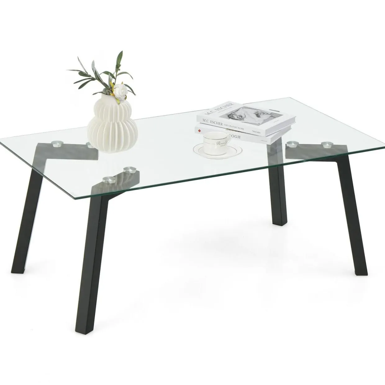 Tangkula Tempered Glass Coffee Table, Modern Cocktail Table, Clear Tea Table for Living Room Reception Office