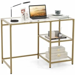 Tangkula Tempered Glass Computer Desk with 2-Tier Storage Shelves
