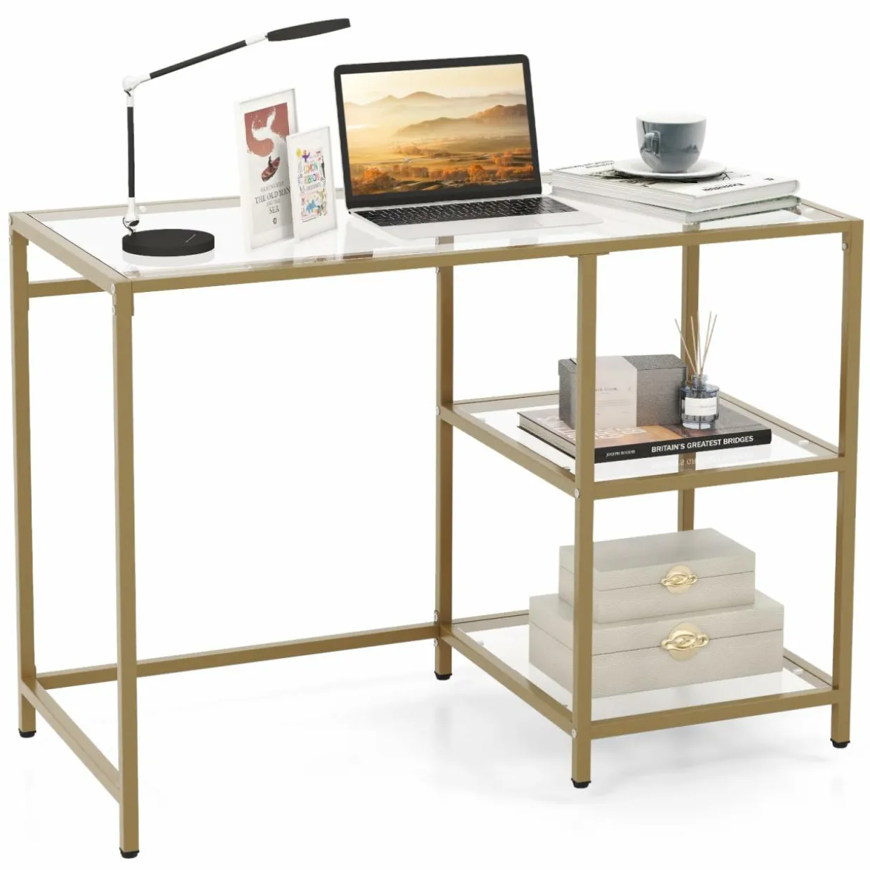 Tangkula Tempered Glass Computer Desk with 2-Tier Storage Shelves