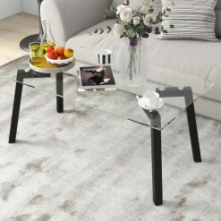 Tangkula Tempered Glass Coffee Table, Modern Cocktail Table, Clear Tea Table for Living Room Reception Office