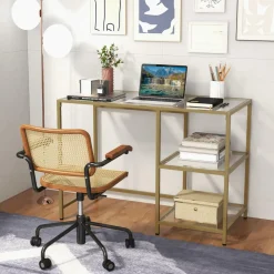 Tangkula Tempered Glass Computer Desk with 2-Tier Storage Shelves