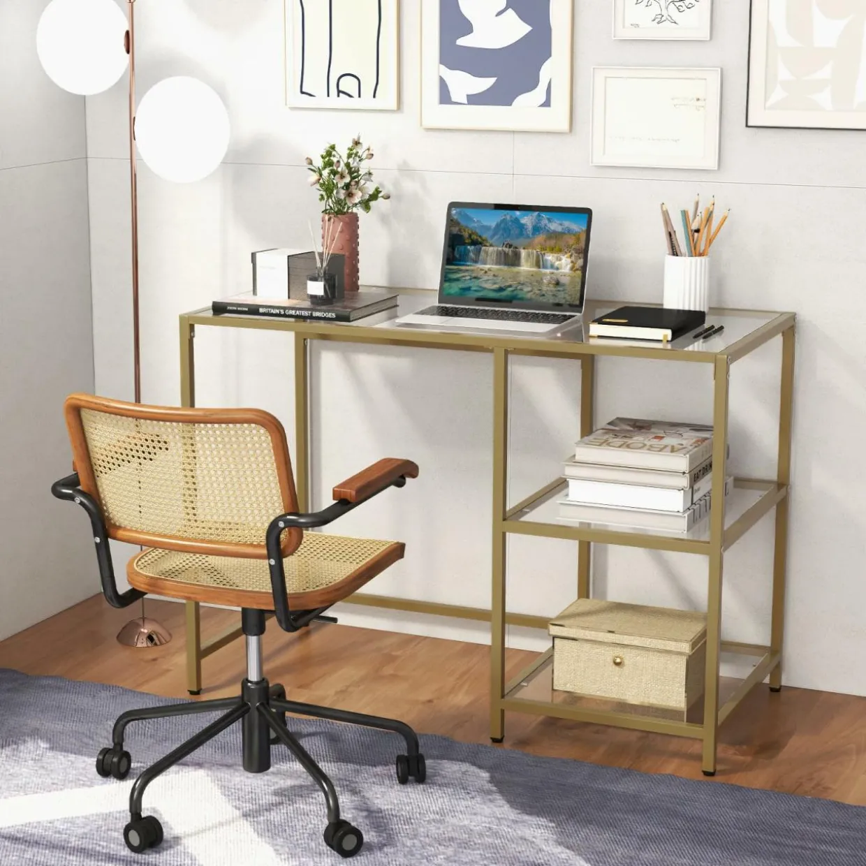 Tangkula Tempered Glass Computer Desk with 2-Tier Storage Shelves
