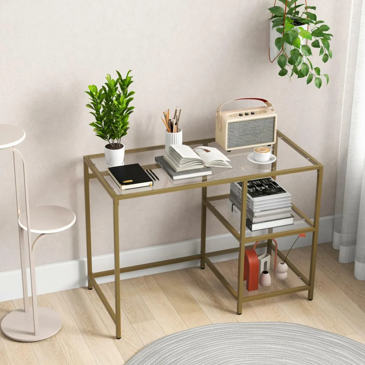 Tangkula Tempered Glass Computer Desk with 2-Tier Storage Shelves