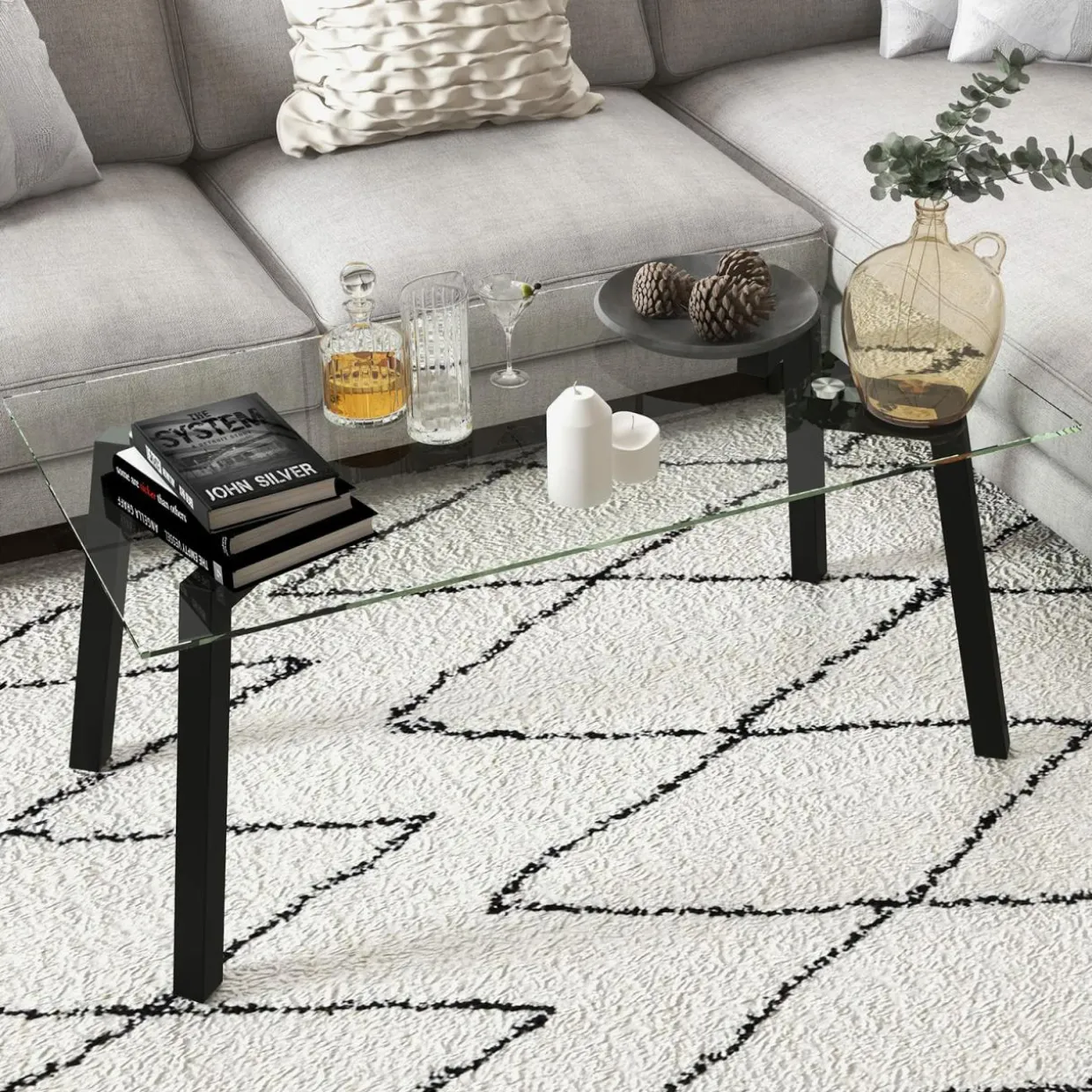 Tangkula Tempered Glass Coffee Table, Modern Cocktail Table, Clear Tea Table for Living Room Reception Office